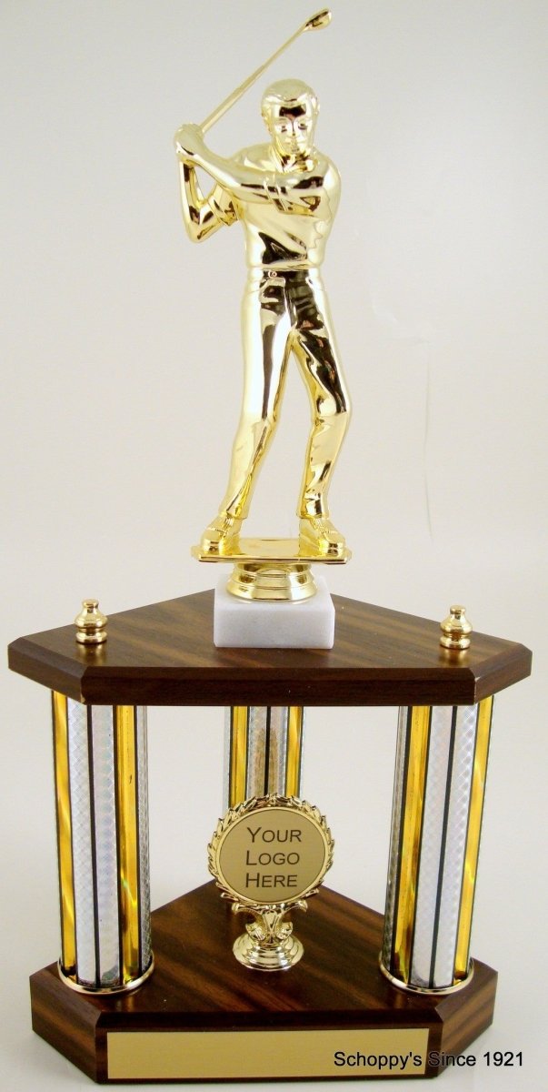 Small Three Column Trophy With Jumbo Golf Figure And Logo - Schoppy's Since 1921