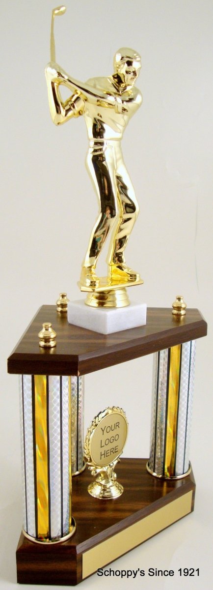 Small Three Column Trophy With Jumbo Golf Figure And Logo - Schoppy's Since 1921