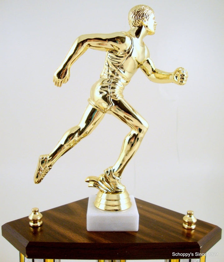 Small Three Column Trophy With Jumbo Runner Figure And Logo - Schoppy's Since 1921