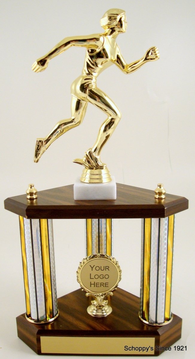 Small Three Column Trophy With Jumbo Runner Figure And Logo - Schoppy's Since 1921