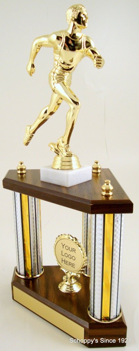 Small Three Column Trophy With Jumbo Runner Figure And Logo - Schoppy's Since 1921