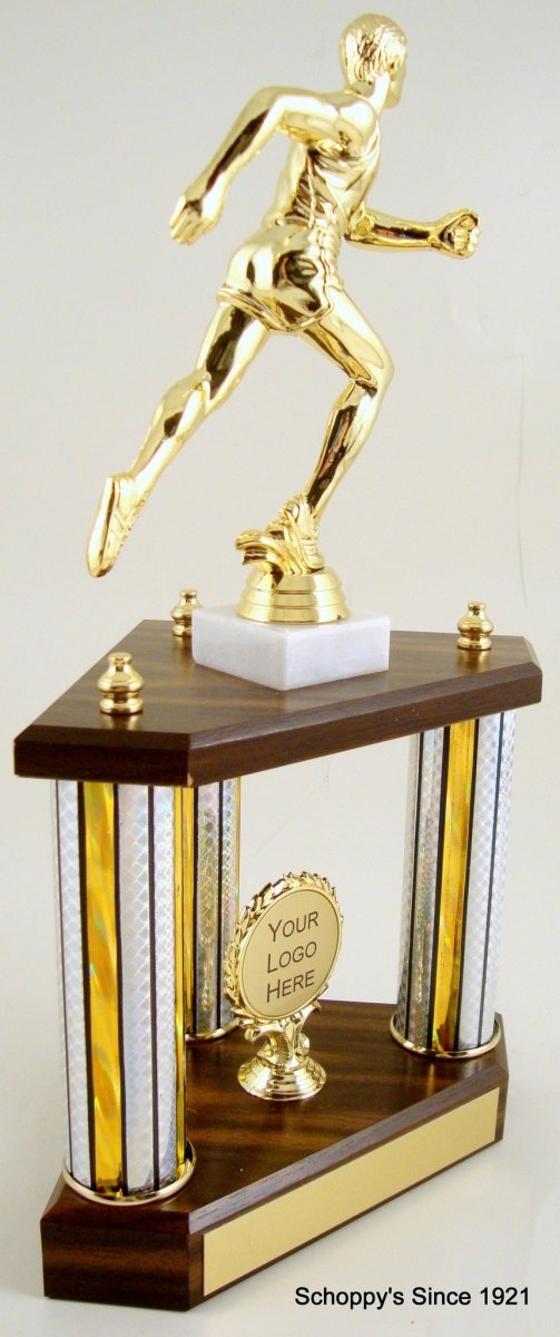 Small Three Column Trophy With Jumbo Runner Figure And Logo - Schoppy's Since 1921