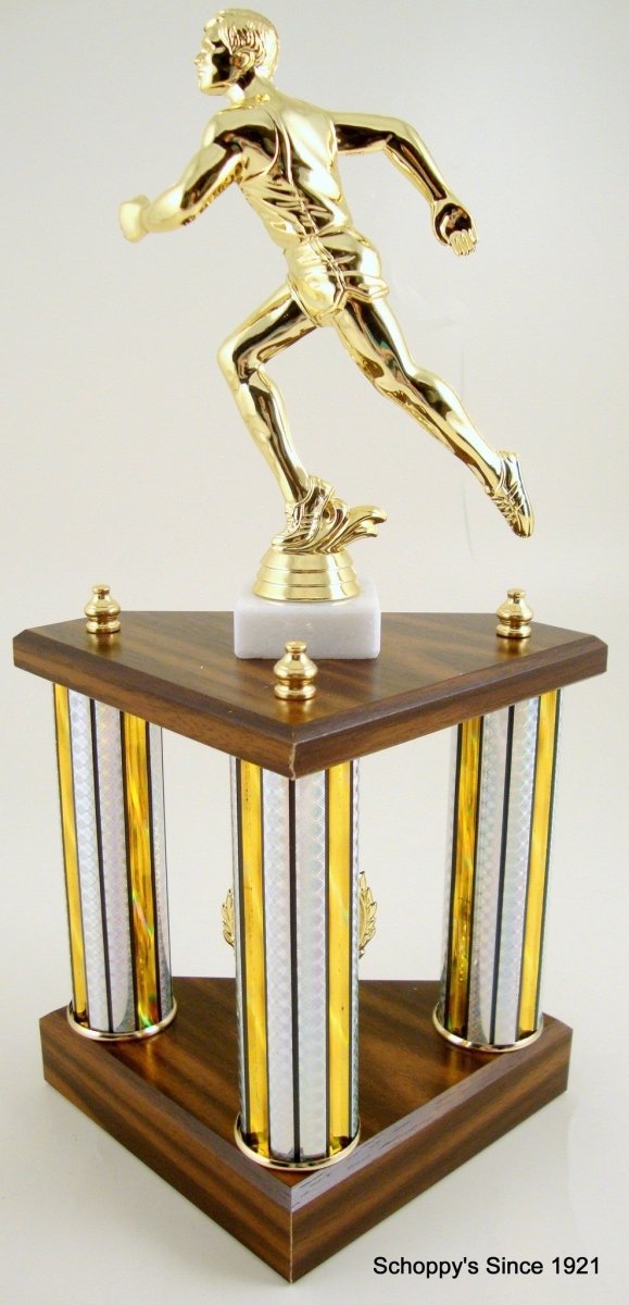 Small Three Column Trophy With Jumbo Runner Figure And Logo - Schoppy's Since 1921