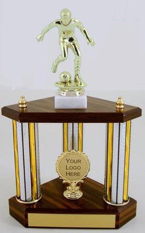 Small Three Column Trophy With Jumbo Soccer Figure And Logo - Schoppy's Since 1921