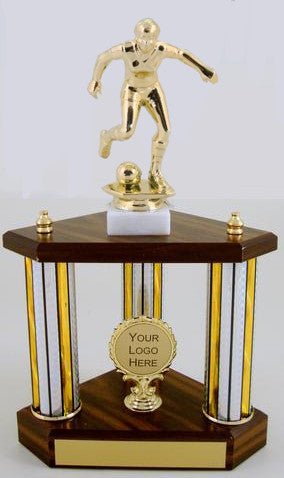 Small Three Column Trophy With Jumbo Soccer Figure And Logo - Schoppy's Since 1921