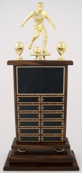 A large Soccer Perpetual Trophy by Schoppy's. The trophy features a Large 8 inch Soccer Figure in a kicking position and comes with decorative soccer ball trim. The front of the base displays a large black laser-engraved heading plate, accompanied by 12 smaller individual plates for recording past winners