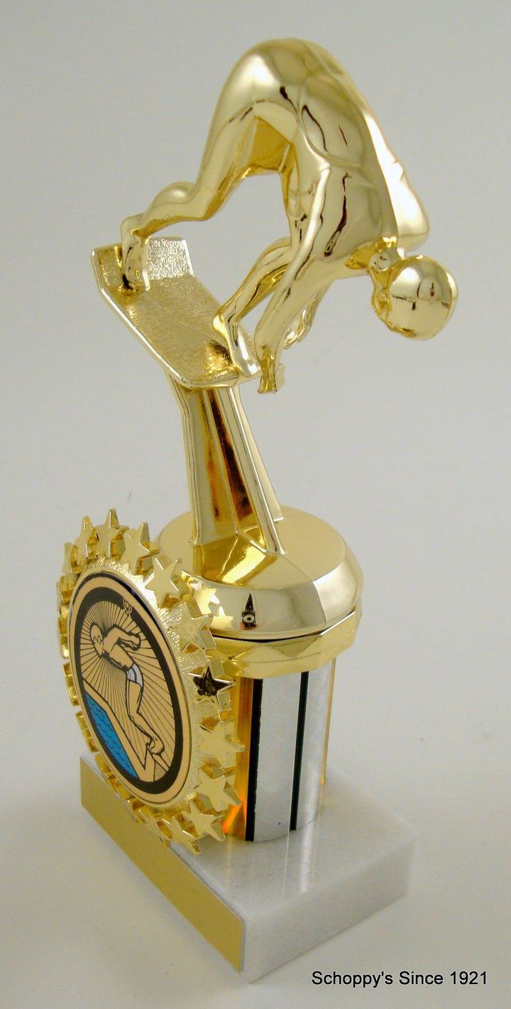 Swimmer Starter Block Trophy on Round Column With Logo-Trophies-Schoppy's Since 1921