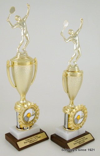 Tennis Cup Logo Trophy on Marble and Wood Base-Trophies-Schoppy's Since 1921