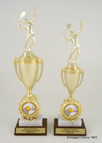 Tennis Cup Logo Trophy on Marble and Wood Base-Trophies-Schoppy's Since 1921