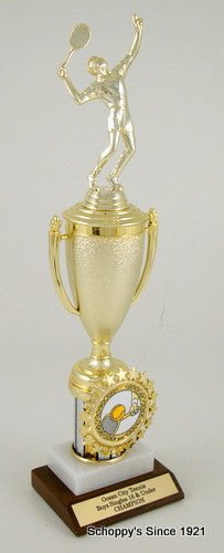 Tennis Cup Logo Trophy on Marble and Wood Base-Trophies-Schoppy's Since 1921