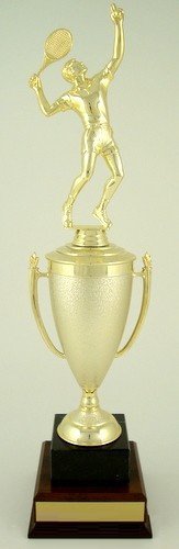 Tennis Cup Trophy on Black Marble and Wood Base-Trophies-Schoppy's Since 1921