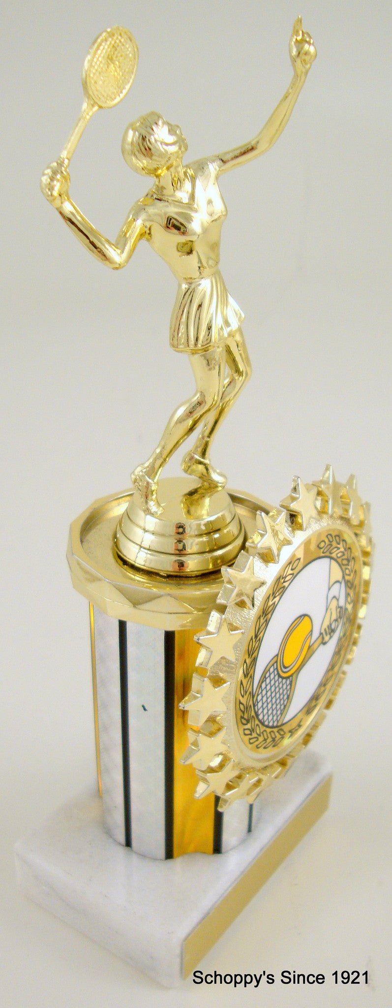 Tennis Trophy With Round Column And Logo on Marble Base-Trophies-Schoppy's Since 1921