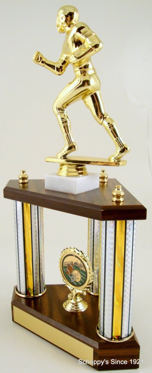 Three Column Trophy With Jumbo Football Figure And Logo - Schoppy's Since 1921