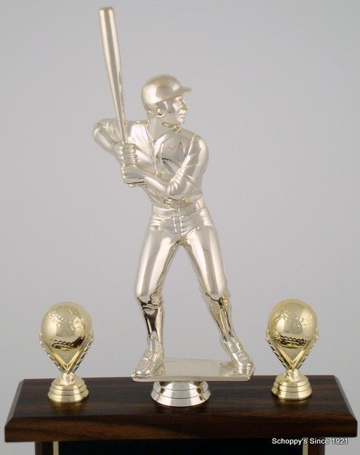 Close up image of a Topper of Baseball Perpetual Trophy showing an 8 inch baseball figure in batting position