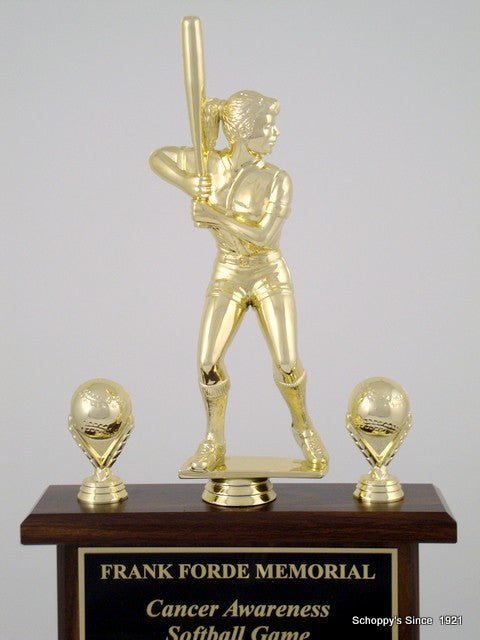 Close up of Softball Perpetual Trophy SPT Trophy Figure. A gold Tone finish 8 inch softball player figure in a Bat Up position