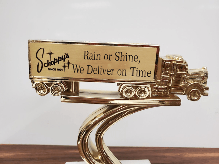 Tractor Trailer Truck Personalized Perpetual Trophy on Wood Base - Schoppy&