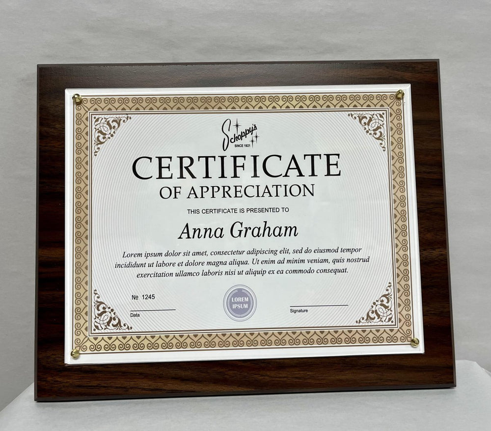 Veneer Certificate Plaque 10½" x 13" - Schoppy's Since 1921