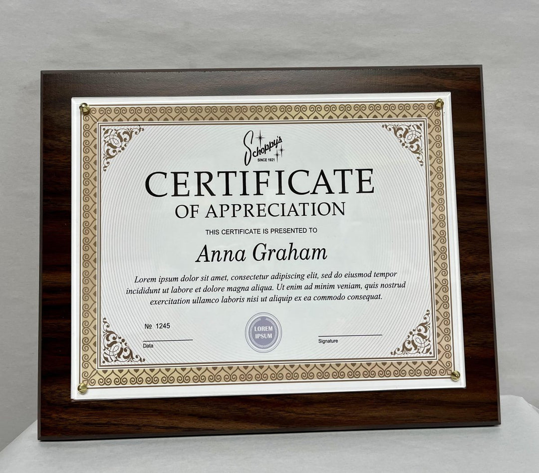 Veneer Certificate Plaque 10½" x 13" - Schoppy's Since 1921