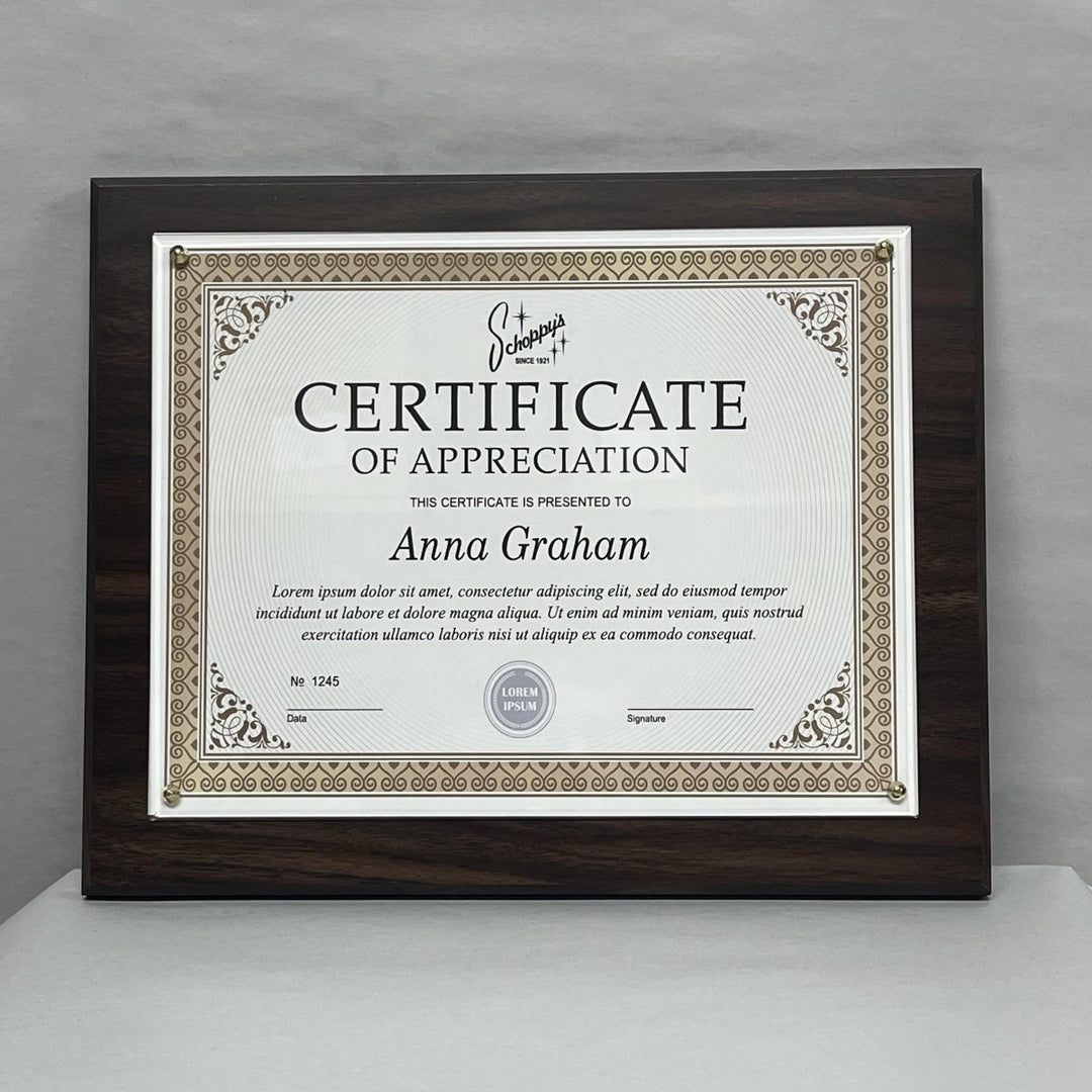 Veneer Certificate Plaque 10½" x 13" - Schoppy's Since 1921