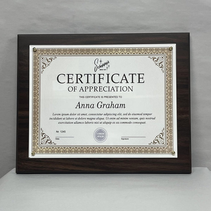 Veneer Certificate Plaque 10½" x 13" - Schoppy's Since 1921