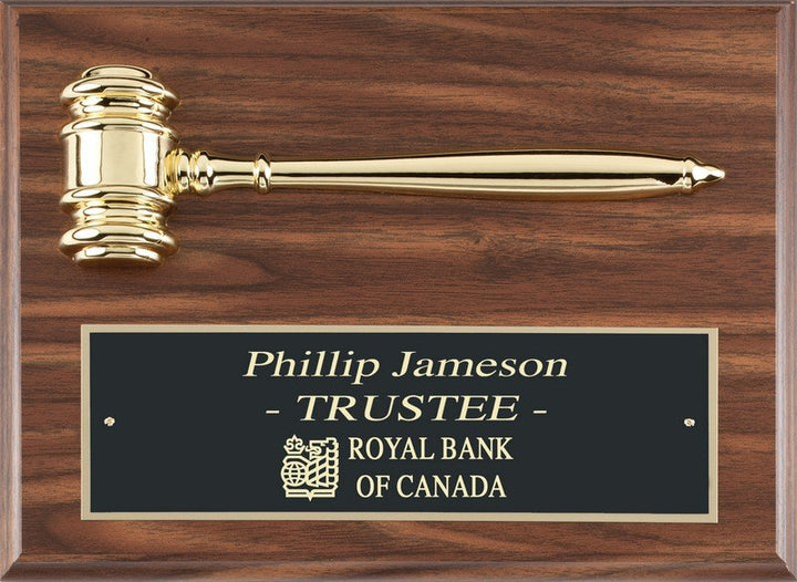 Walnut Finish Plaque with Gold Metal Gavel - Schoppy&