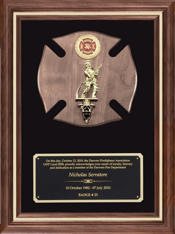 Walnut Maltese Cross Firefighter Figure Plaque - Schoppy's Since 1921