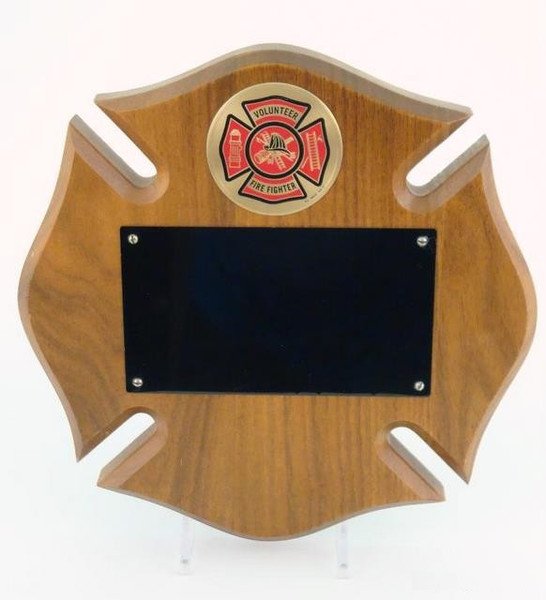 Walnut Maltese Cross Plaque Small with Fire Company Logo - Schoppy's Since 1921