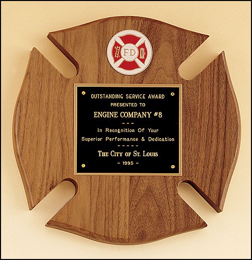 Walnut American Maltese Cross Plaque with Fire Company Logo - Schoppy's Since 1921