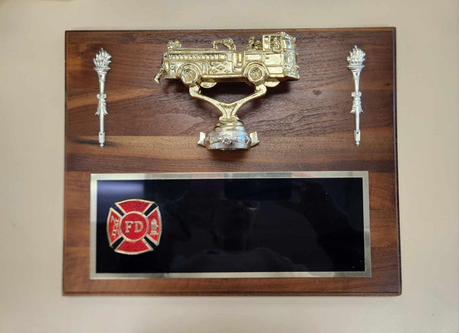 Walnut Plaque with Metal Fire Truck - Schoppy's Since 1921