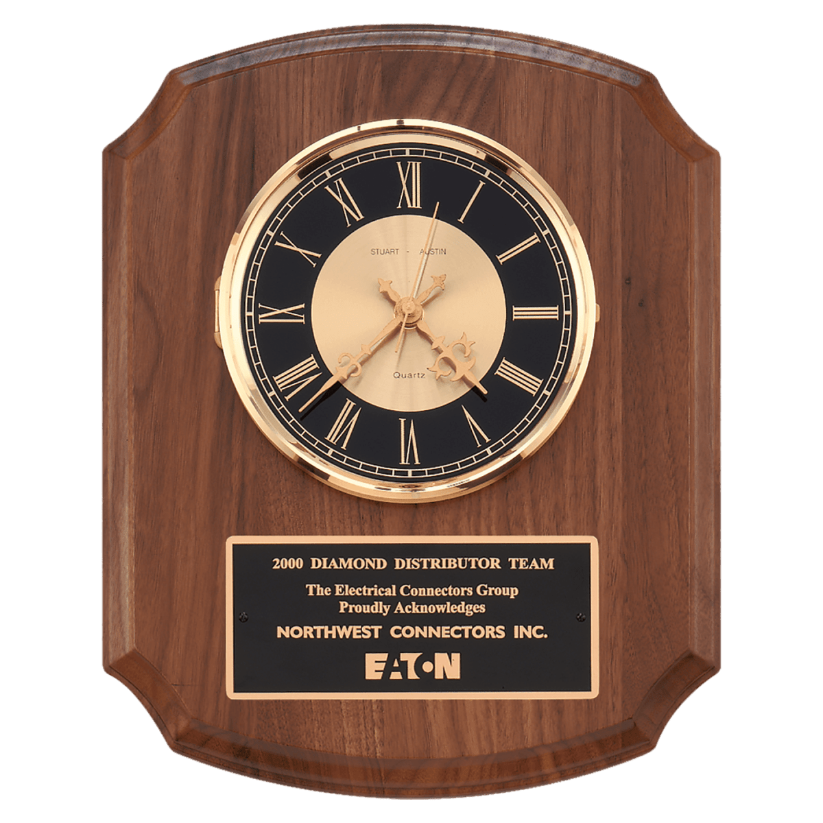 Walnut Quartz Clock, Brass Diamond Spun Bezel, Glass Lens, Black & Gold Dial - Schoppy's Since 1921