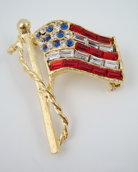 Rhinestone Flag Pin - Gold Sm. w/ Red White & Blue rhinestones-Jewelry-Schoppy's Since 1921