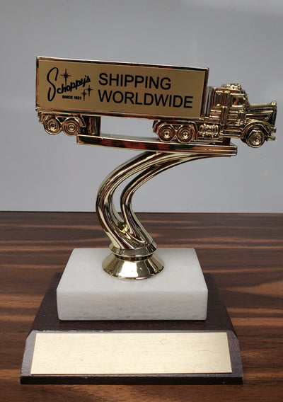 Personalized Tractor Trailer Truck Figure On Marble And Wood Slant Base-Trophy-Schoppy's Since 1921