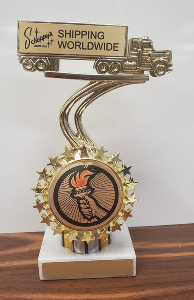 Personalized Tractor Trailer Truck On Genuine Marble Base With Your Customized Logo In Starred Holder-Trophy-Schoppy's Since 1921