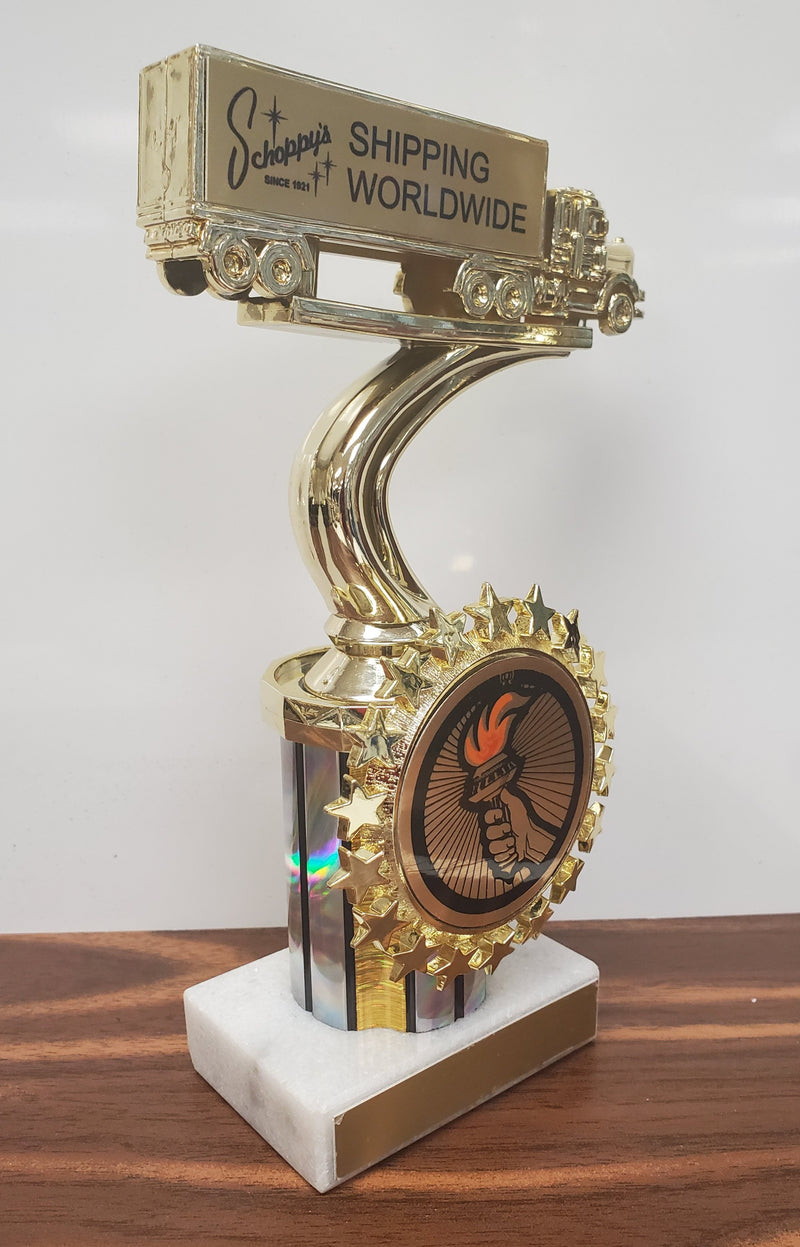 Personalized Tractor Trailer Truck On Genuine Marble Base With Your Customized Logo In Starred Holder-Trophy-Schoppy&