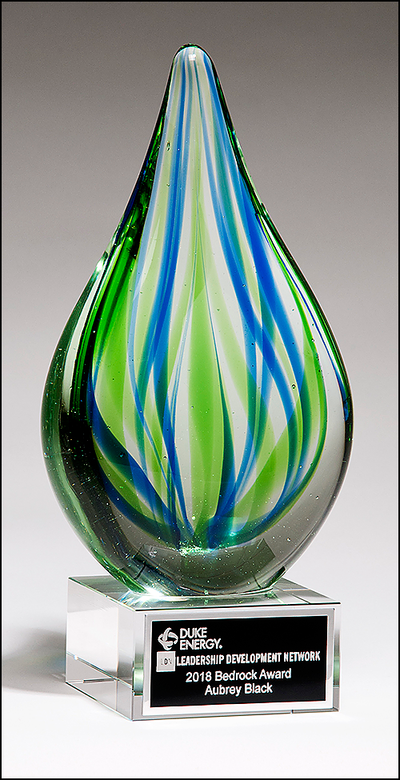 Droplet Shaped Blue and Green Art Glass Award with Clear Glass Base - 2266-Glass & Crystal Award-Schoppy's Since 1921