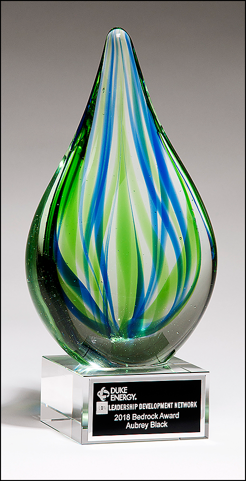 Droplet Shaped Blue and Green Art Glass Award with Clear Glass Base - 2266-Glass & Crystal Award-Schoppy&