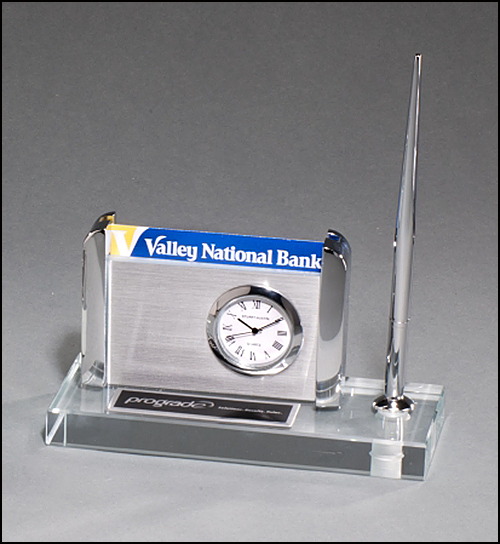 Clock, Pen and Business Card Holder on Clear Glass Base BC1023-Clock-Schoppy&