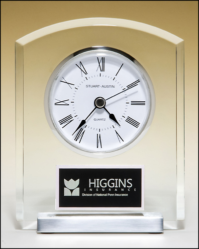 Desk Clock with Beveled Upright, Silver Bezel and Base-Plaque-Schoppy's Since 1921