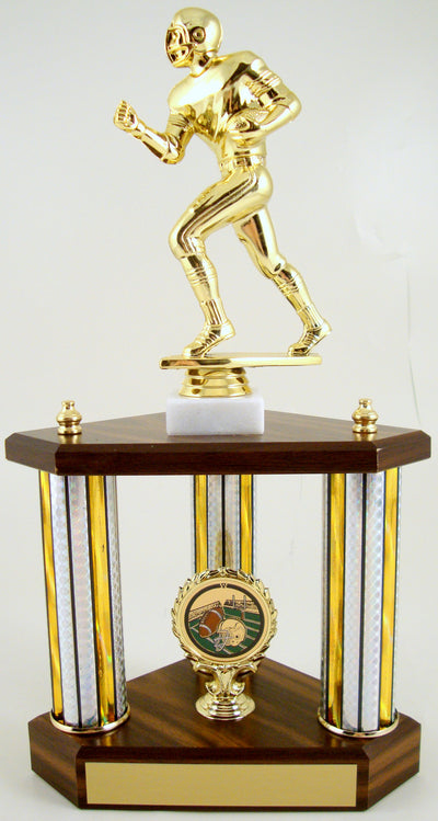 Small Three Column Trophy With Jumbo Football Figure And Logo-Trophy-Schoppy's Since 1921