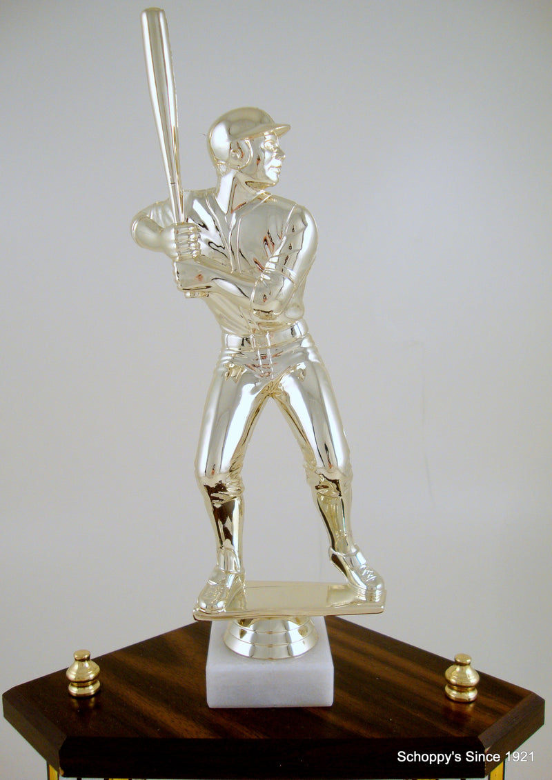 Small Three Column Trophy With Jumbo Baseball Figure And Logo-Trophy-Schoppy&