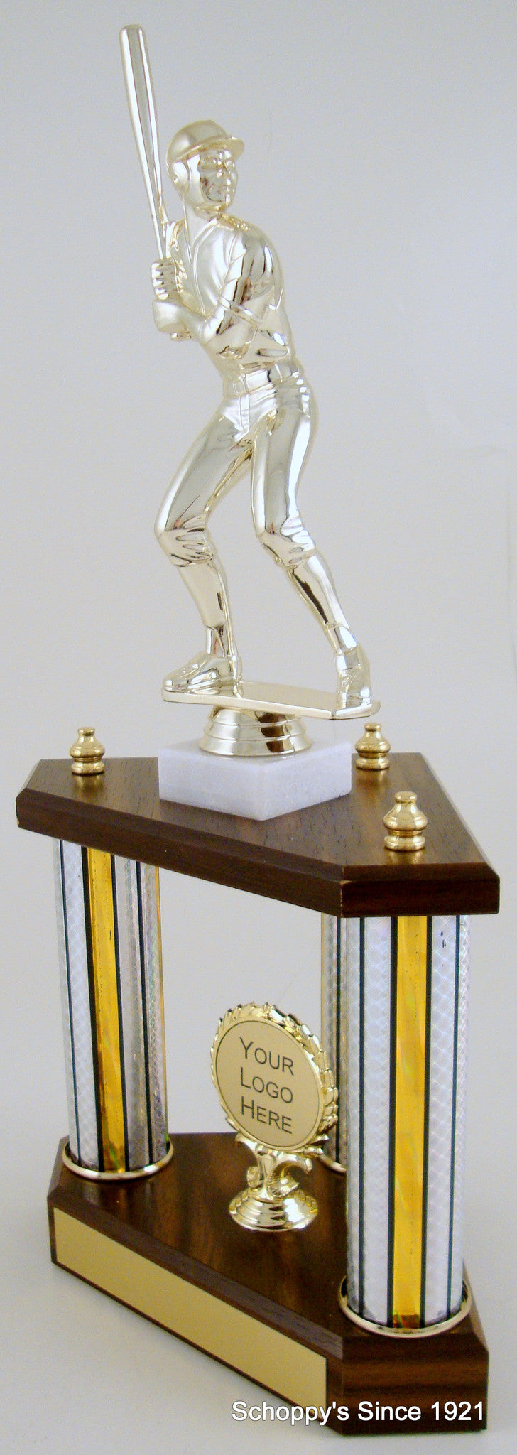 Small Three Column Trophy With Jumbo Baseball Figure And Logo-Trophy-Schoppy&