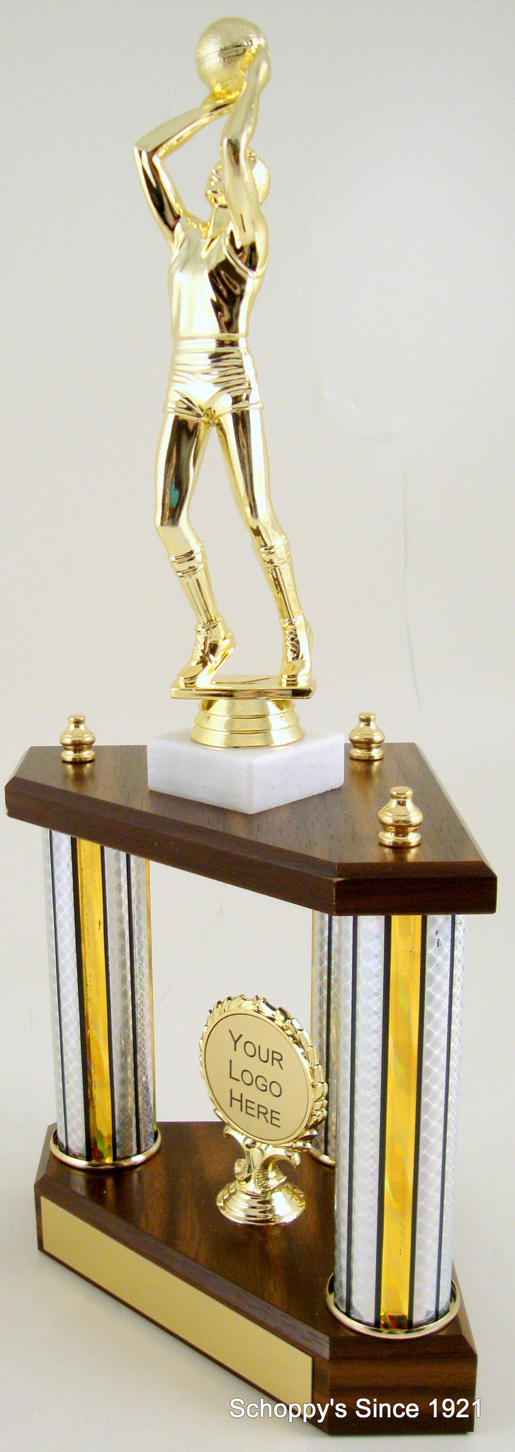 Small Three Column Trophy With Jumbo Basketball Figure And Logo-Trophy-Schoppy&
