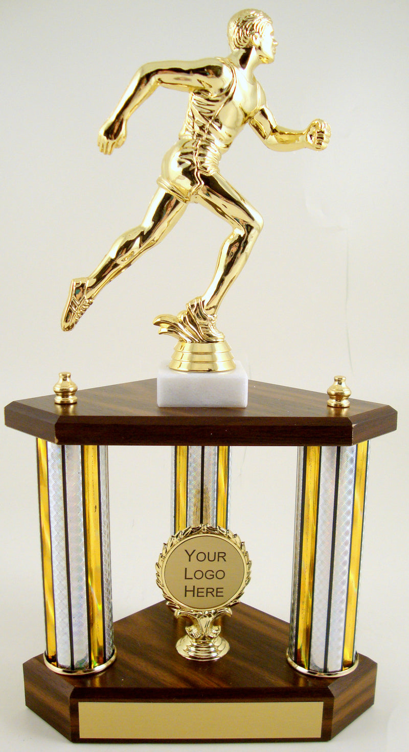 Small Three Column Trophy With Jumbo Runner Figure And Logo-Trophy-Schoppy&