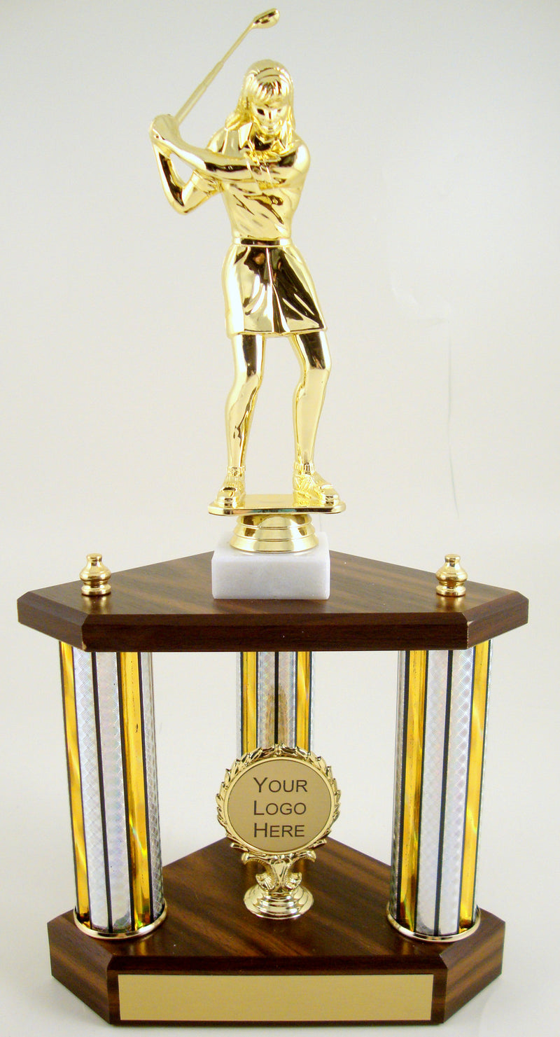Small Three Column Trophy With Jumbo Golf Figure And Logo-Trophy-Schoppy&