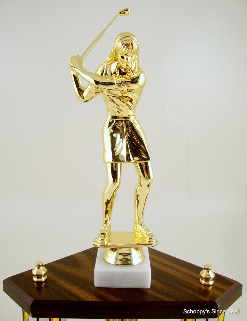 Small Three Column Trophy With Jumbo Golf Figure And Logo-Trophy-Schoppy&