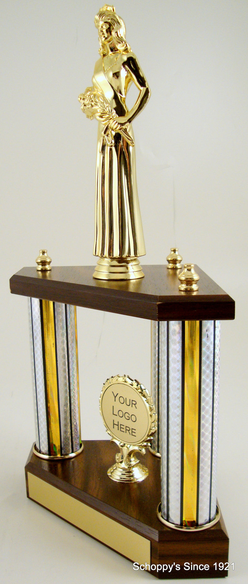 Small Three Column Trophy With Jumbo Beauty Queen Figure And Logo-Trophy-Schoppy&