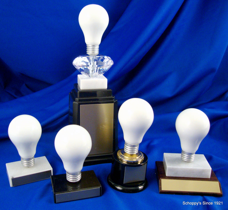 White Light Bulb On Flat Marble And Wooden Base-Trophy-Schoppy&