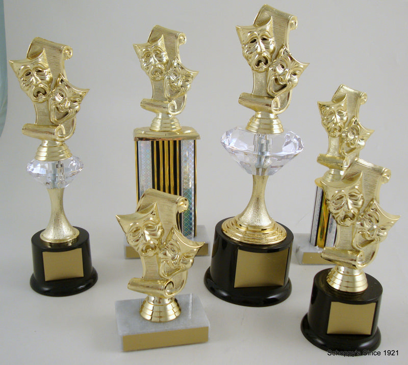 Drama Mask Trophy on Black Round Base With Diamond Rise-Trophies-Schoppy&