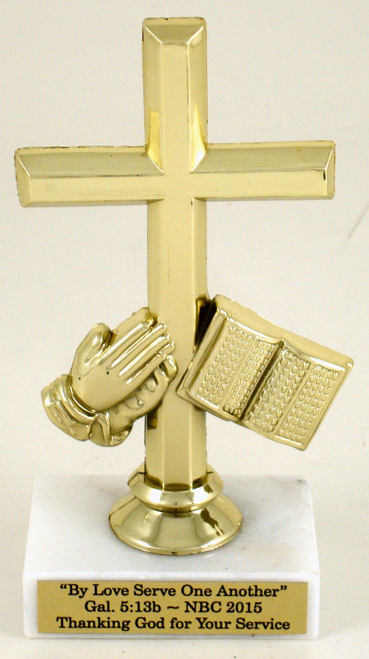 Praying Hands Cross Trophy on White Marble-Trophy-Schoppy&