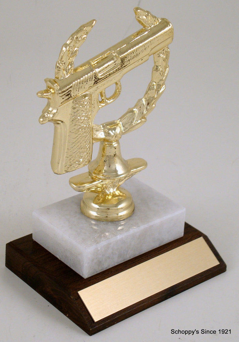 Handgun Figure On Marble Base with Wood Slant-Trophy-Schoppy&
